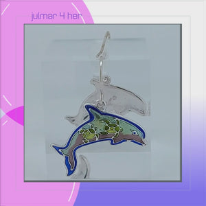 Dolphin Montage Sterling Silver plated hook Earrings with Enamels viewed in 3d rotation