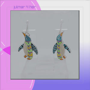 Penguin Radiance Sterling Silver plated hook Earrings with Enamels viewed in 3d rotation