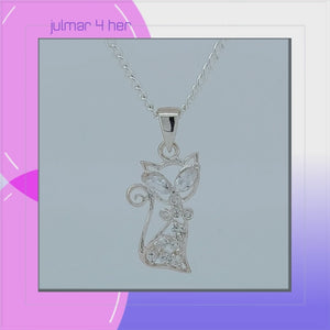 Cat Sterling Silver Pendant with White Cubic Zirconia viewed in 3d rotation
