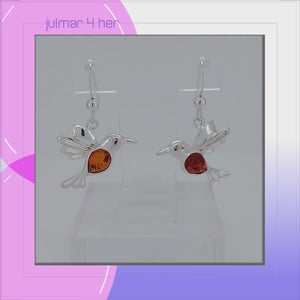 Bird Sterling Silver Earrings with Baltic Amber viewed in 3d rotation