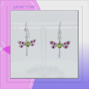 Dragonfly Sterling Silver Earrings with Peridot & Tourmaline viewed in 3d rotation