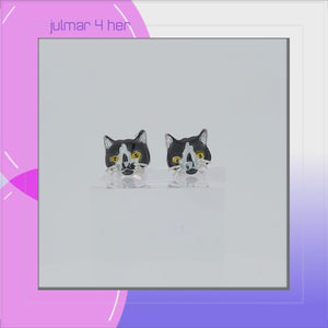 Tuxedo Cat Sterling Silver plated stud Earrings with Enamels viewed in 3d rotation