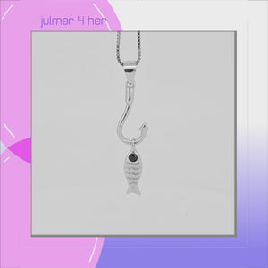 Fish on a Hook Sterling Silver with Cubic Zirconia Pendant viewed in 3d rotation