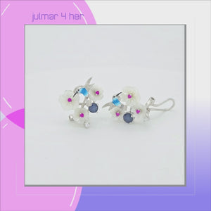 Hummingbird & Flower Sterling Silver and Blue Sapphire Omega Lock Earrings viewed in 3d rotation