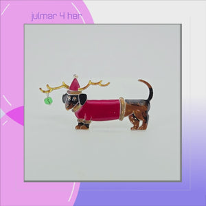 Christmas Dachshund Sterling Silver plated Pin with Enamels viewed in 3d rotation