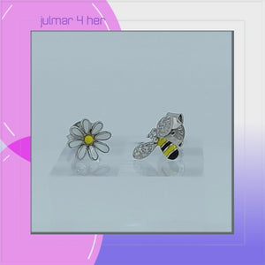 Bee & Flower Sterling Silver Asymmetrical Earrings with Enamels & CZ viewed in 3d rotation