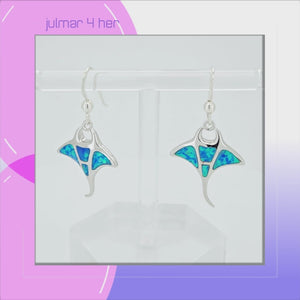 Manta Ray Sterling Silver and lab-created Opal dangle Earrings viewed in 3d rotation