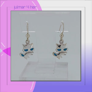 Cat with Blue Eyes Sterling Silver dangle Earrings viewed in 3d rotation