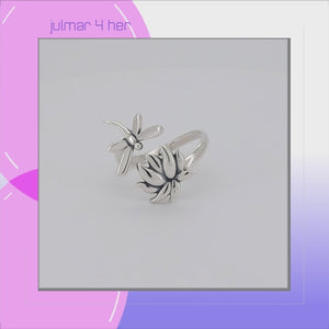 Dragonfly & Lotus Sterling Silver adjustable Ring viewed in 3d rotation