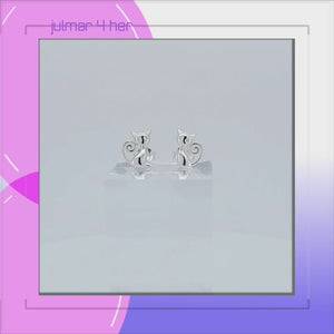 Cat with Curly Tail Sterling Silver stud Earrings viewed in 3d rotation
