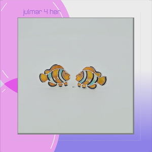 Clownfish Sterling Silver plated stud Earrings with Enamels viewed in 3d rotation