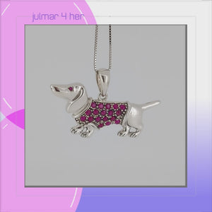 Dachshund Sterling Silver Pendant with Violet Red Cubic Zirconia viewed in 3d rotation