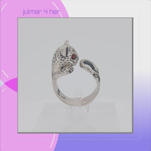 Red Eyed Cat Sterling Silver adjustable Ring with Cubic Zirconia viewed in 3d rotation