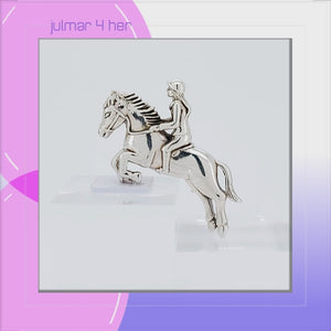 Horse and Rider Hurdling Sterling Silver Pin viewed in 3d rotation
