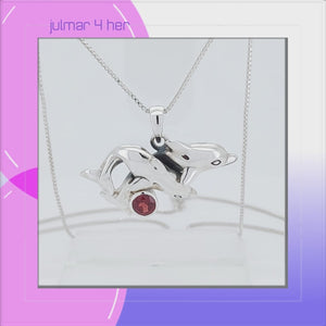 Dolphin Pair Sterling Silver Pendant with Garnet viewed in 3d rotation