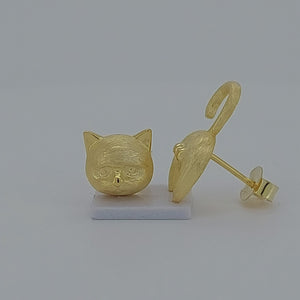 Cat Face and Behind asymmetrical Sterling Silver with Gold accents push-back Earrings viewed in 3d rotation