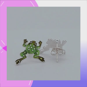 Frog Sterling Silver plated Earrings with Enamels viewed in 3d rotation