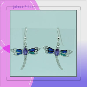 Dragonfly hook Earrings in Sterling Silver with CZ & Created Opal viewed in 3d rotation
