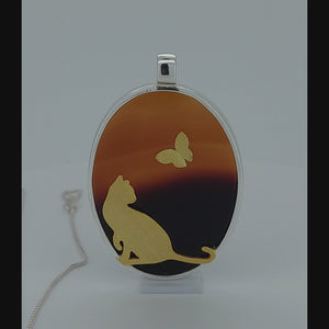 Cat & Butterfly Sterling Silver Pendant with Agate & Gold accents viewed in 3d rotation