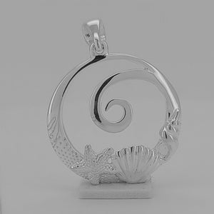 Starfish, Shell & Wave Sterling Silver Pendant as viewed in 3d rotation