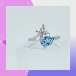 Butterfly Sterling Silver adjustable Ring with Blue Topaz viewed in 3d rotation