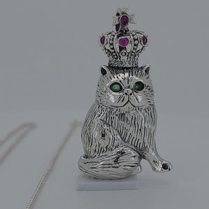 Cat with Crown Sterling Silver Pendant with Emerald & Ruby viewed in 3d rotation