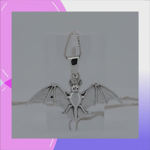 Bat with extended Wings Sterling Silver Pendant viewed in 3d rotation