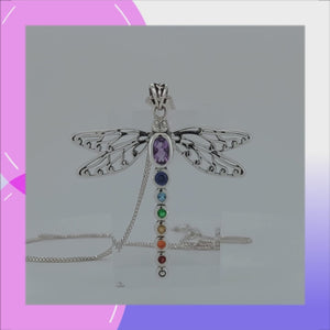 Dragonfly Chakra Sterling Silver Pendant with Gemstones viewed in 3d rotation