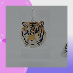 Tiger Head Sterling Silver plated hook Earrings with Enamels viewed in 3D rotation