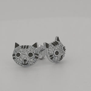 Smiley Cat Sterling Silver push-back Earrings with Cubic Zirconia viewed as a 3d experience
