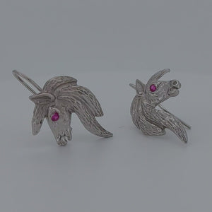 Horse Sterling Silver hook Earrings with Lab Created Ruby viewed in a 3d experience