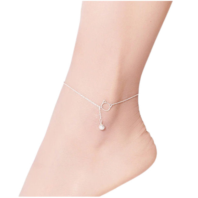 Cat Face & Ball Sterling Silver Anklet