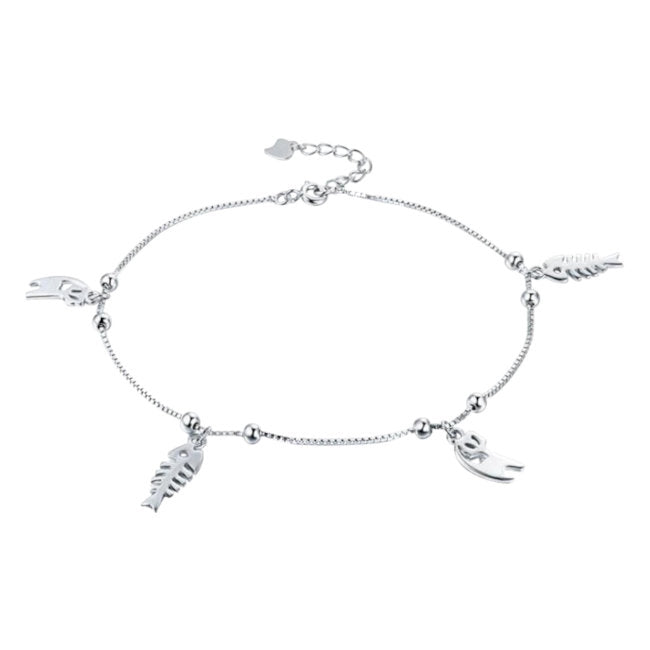 Cat & Fish Bones Sterling Silver Charms Anklet