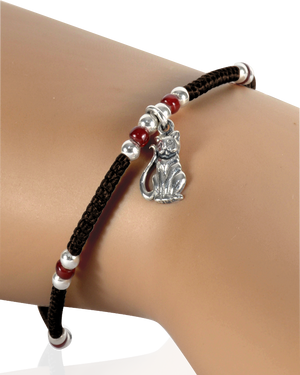 Cat Charm Bracelet in Sterling Silver with Corded Band