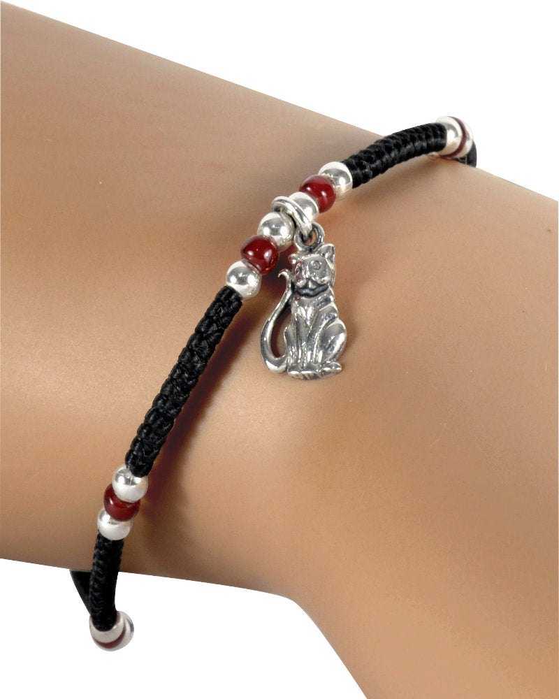 Cat Charm Bracelet in Sterling Silver with Corded Band