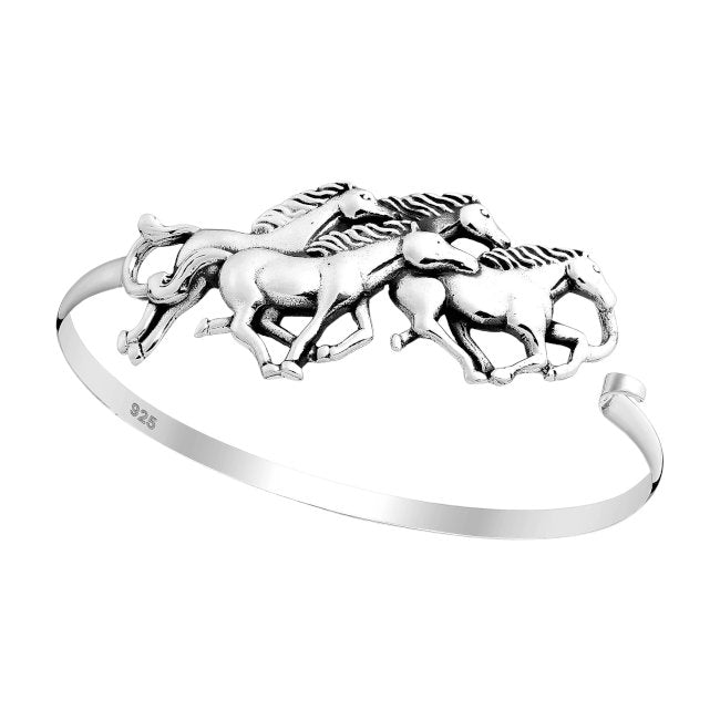 Horses on the Move Sterling Silver Bangle with Oxidised Accents shown clasp open