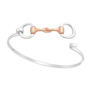 Snaffle Bit solid Sterling Silver Bangle with Pink Gold Accents showing open clasp