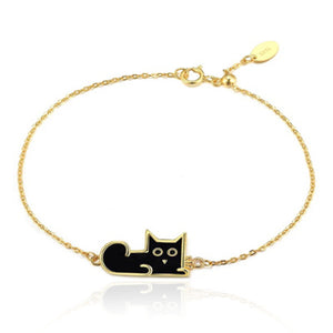 Black Cat Sterling Silver Bracelet with Gold Accents & Enamels