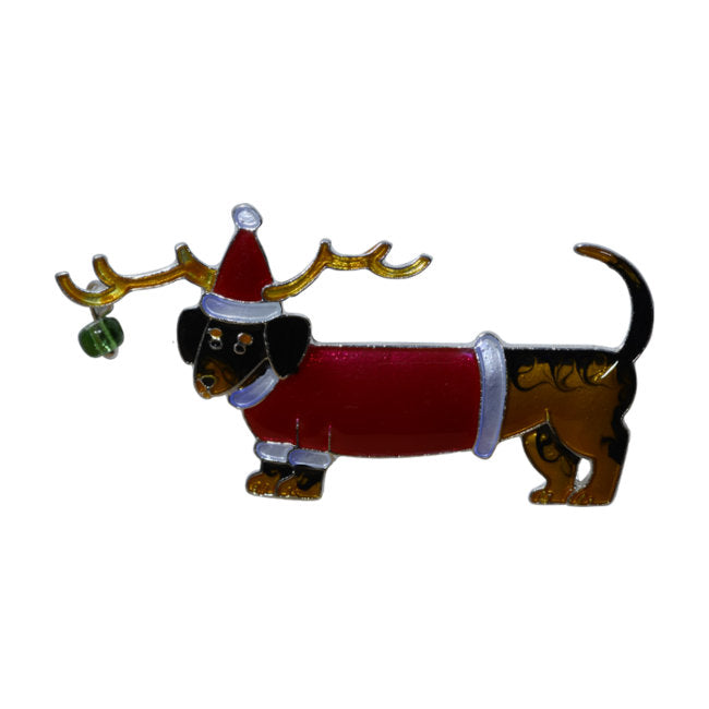 Christmas Dachshund Sterling Silver plated Pin with Enamels