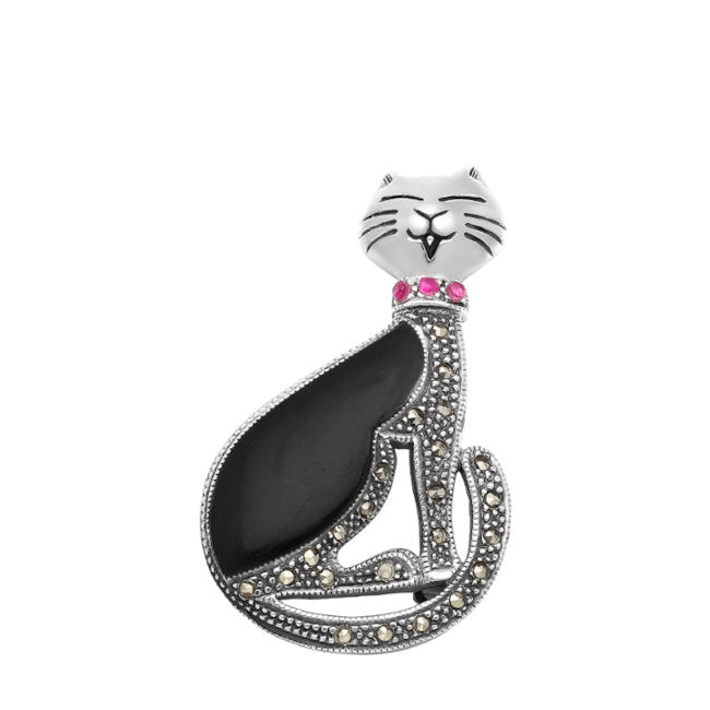 Smiley Cat Sterling Silver Pin with Marcasite & Cubic Zirconia