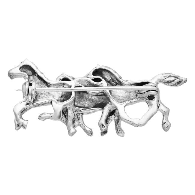Horse Trio solid Sterling Silver Pin back view