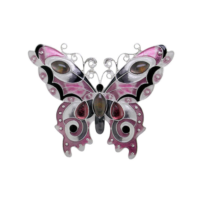 Butterfly Pin with Sterling Silver plating & Garnet & Black Mother of Pearl