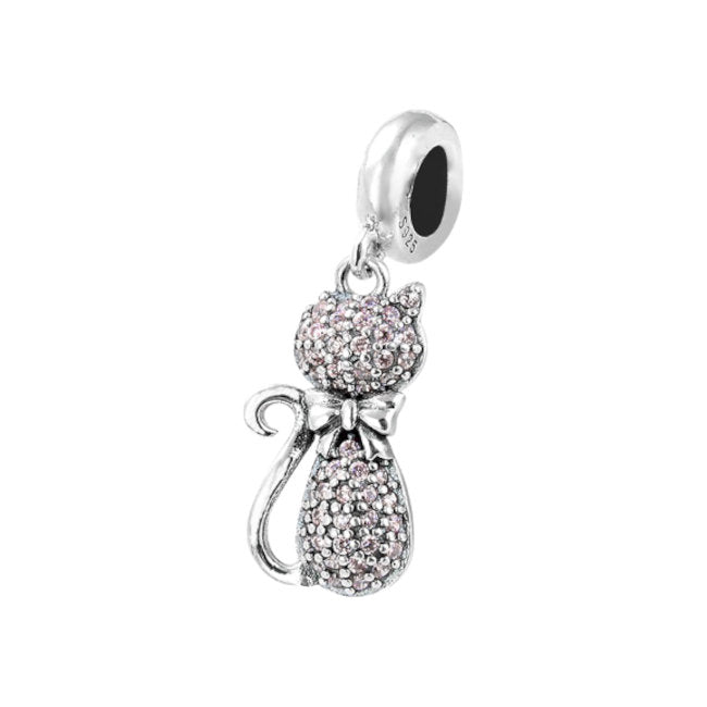 Cat Sterling Silver with Pink Cubic Zirconia Dangle Charm