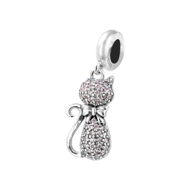 Cat Sterling Silver Dangle Charm with Pink Cubic Zirconia