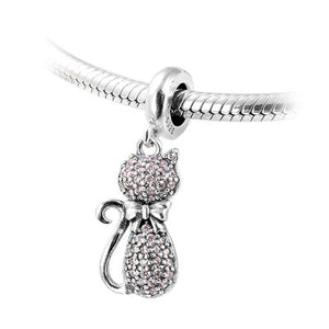 Cat Sterling Silver Dangle Charm with Pink Cubic Zirconia