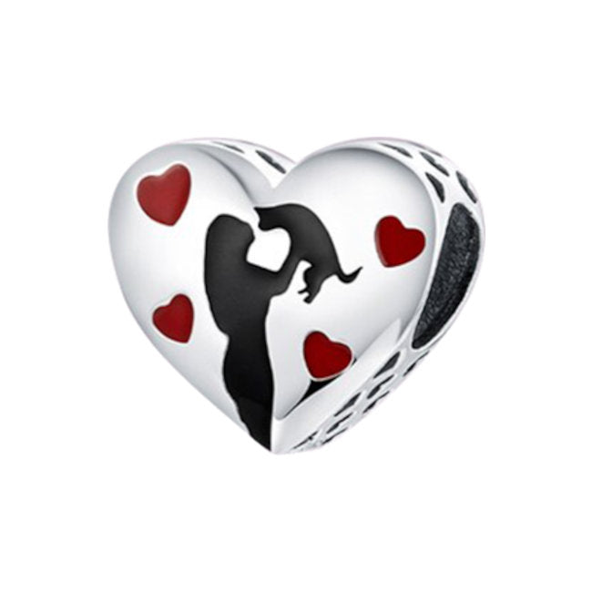 Cat with Mum Heart Charm in Sterling Silver with Enamels