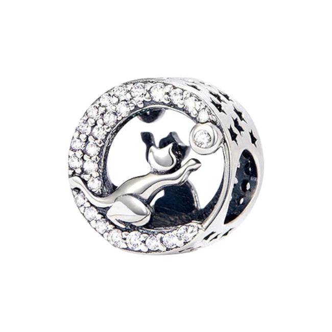Cat Sterling Silver Bead Charm with Cubic Zirconia