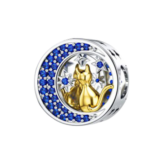 Celestial Cat Sterling Silver with Gold and Cubic Zirconia Charm