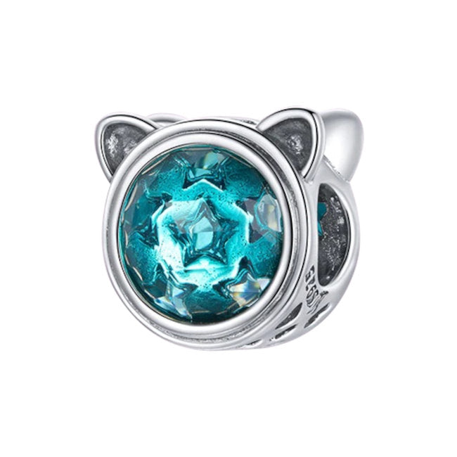 Cat Face Sterling Silver Bead Charm with Cubic Zirconia