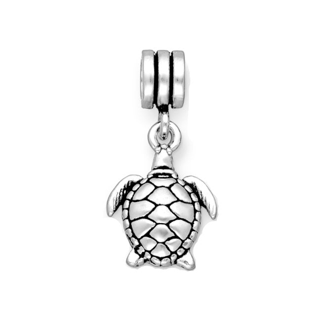 Swimming Turtle Sterling Silver Bead Dangle Charm with Oxidised Accents
